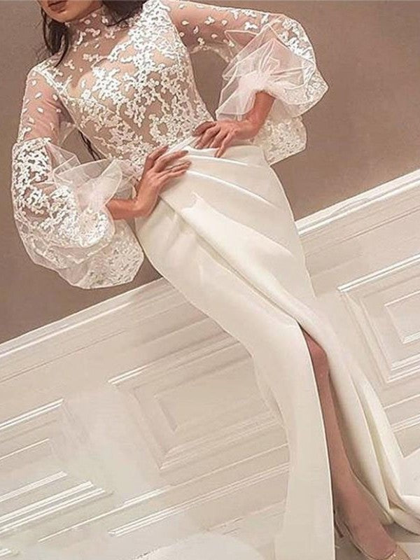 Trumpet/Mermaid Train Lace High Neck Sleeves Sweep/Brush Long Stretch Crepe Dresses