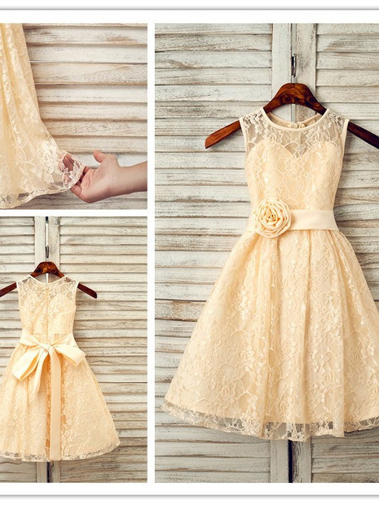 Sleeveless Scoop Lace A-Line/Princess Tea-Length Sash/Ribbon/Belt Flower Girl Dresses