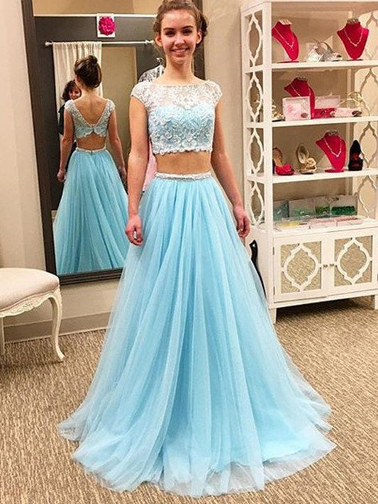 Tulle Floor-Length Sleeveless Beading Scoop A-Line/Princess Two Piece Dresses