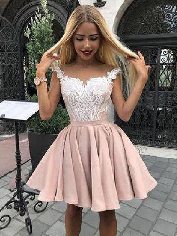 Sleeveless Satin Off-the-Shoulder A-Line/Princess Applique Short/Mini Homecoming Dress