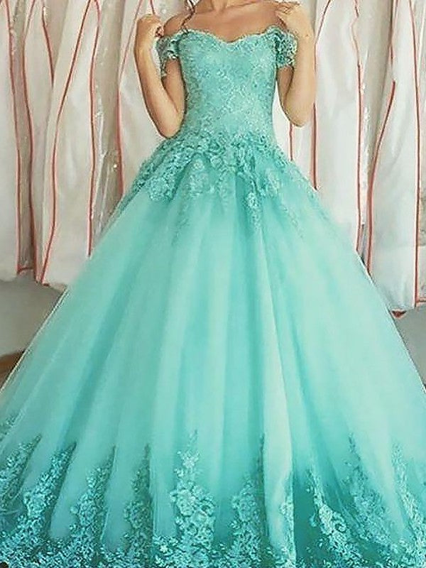 Off-the-Shoulder Gown Ball Applique Sleeveless Floor-Length Tulle Dresses