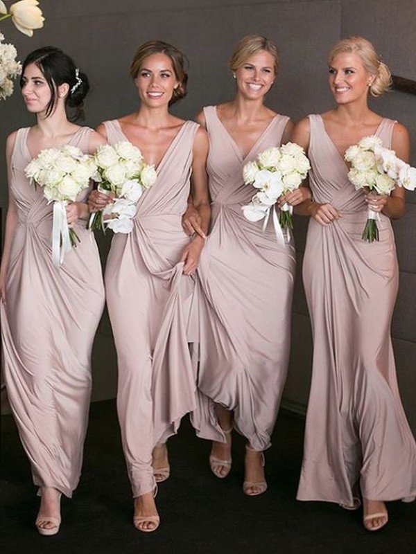 Floor-Length Sleeveless A-Line/Princess V-neck Spandex Bridesmaid Dresses