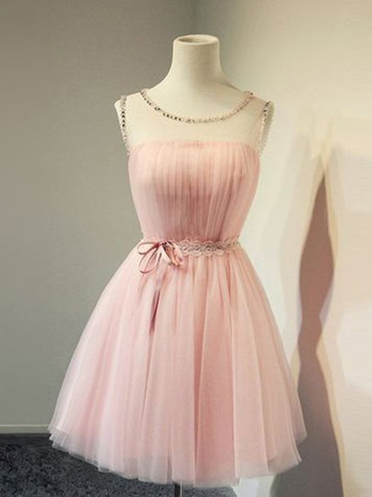 Beading Sleeveless A-Line/Princess Tulle Scoop Short/Mini Homecoming Dresses