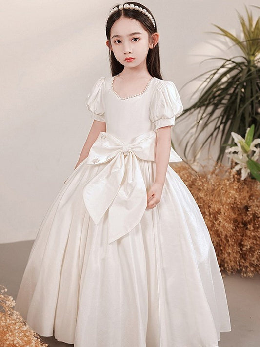 A-Line/Princess Short Satin Bowknot Floor-Length Sleeves Sweetheart Flower Girl Dresses