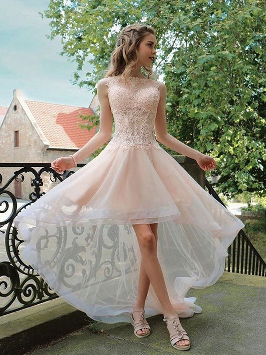 A-Line/Princess Sheer Neck Sleeveless Applique Tulle Asymmetrical Homecoming Dresses