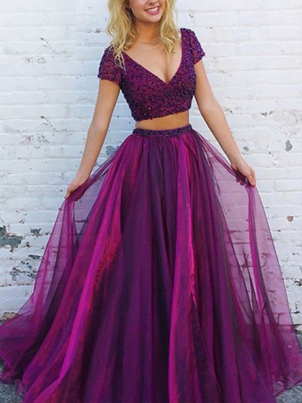 A-Line/Princess Sleeves Floor-Length Short Beading V-Neck Tulle Two Piece Dresses