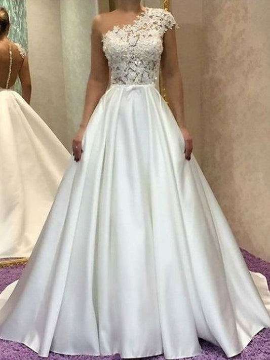 A-Line/Princess Lace Sweep/Brush Sleeveles Train Satin Wedding Dresses
