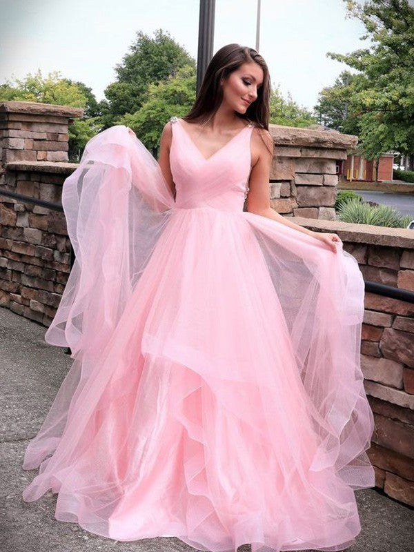 Sleeveless Sweep/Brush Tulle A-Line/Princess Ruched Train V-neck Dresses