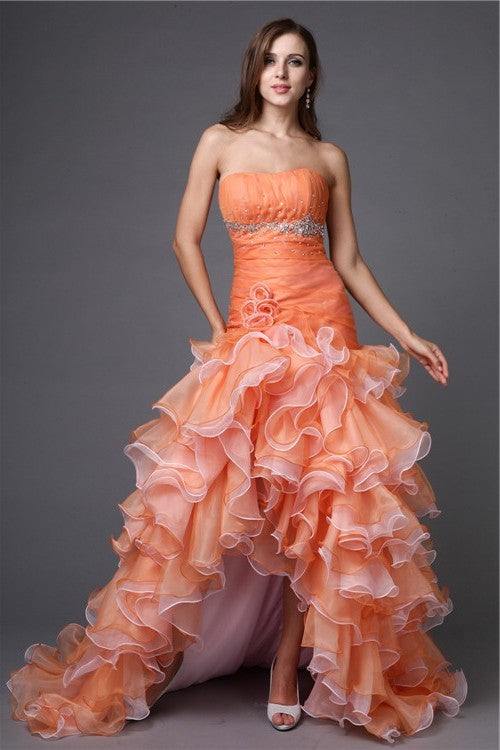 High Ball Strapless Sleeveless Low Gown Beading Organza Cocktail Dresses