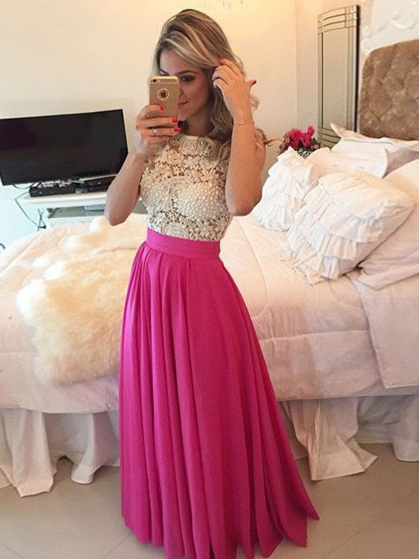 Scoop Lace A-Line/Princess Sleeveless Floor-Length Chiffon Dresses