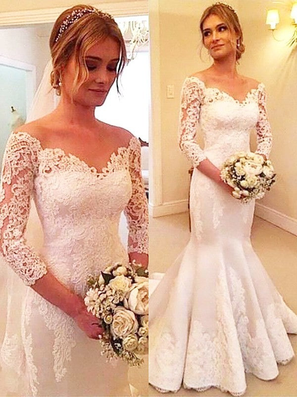 Lace 3/4 Sleeves Court Trumpet/Mermaid Off-the-Shoulder Satin Train Wedding Dresses