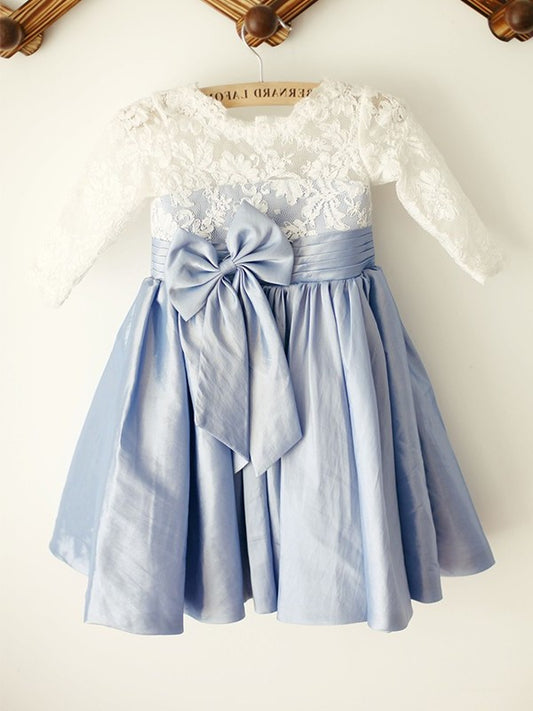 Knee-Length Sleeves Taffeta Lace Scoop A-Line/Princess 3/4 Flower Girl Dresses