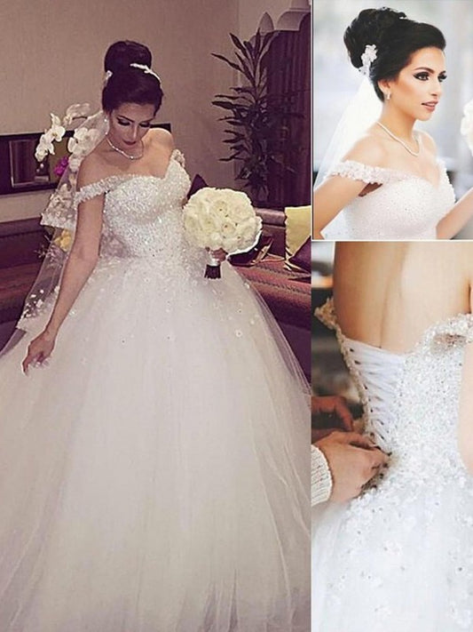 Lace Train Off-the-Shoulder Sleeveless Court Gown Ball Tulle Wedding Dresses