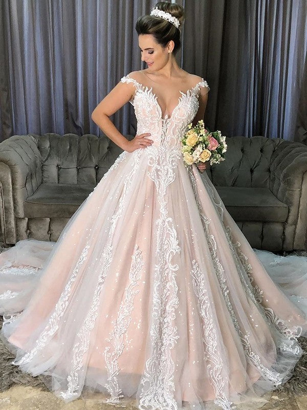 Gown Court Scoop Sleeveless Applique Ball Tulle Train Wedding Dresses