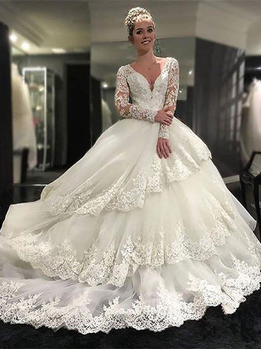 Gown Sleeves V-neck Court Tulle Long Ball Lace Train Wedding Dresses