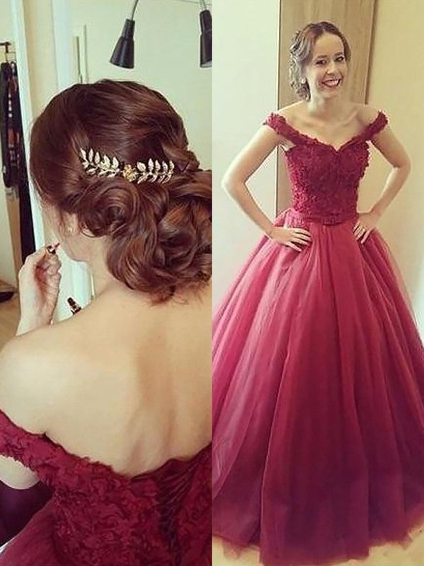 Ball Sleeveless Gown Applique Off-the-Shoulder Floor-Length Tulle Dresses