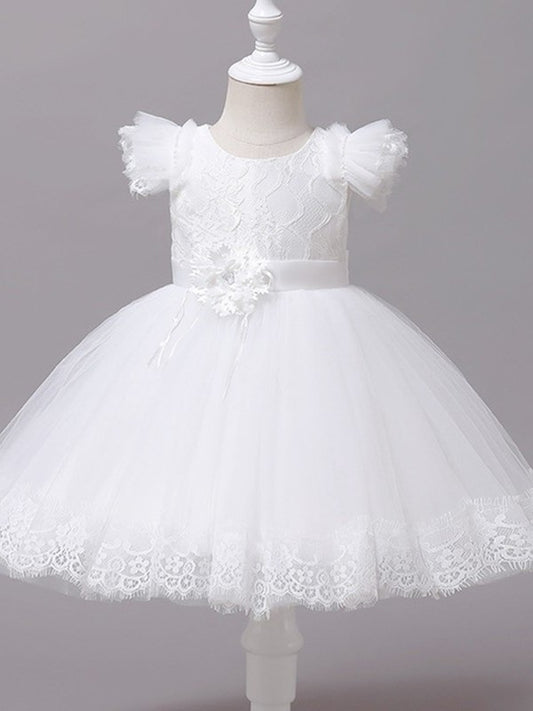 Sleeves Tea-Length Scoop Gown Ball Applique Tulle Short Flower Girl Dresses