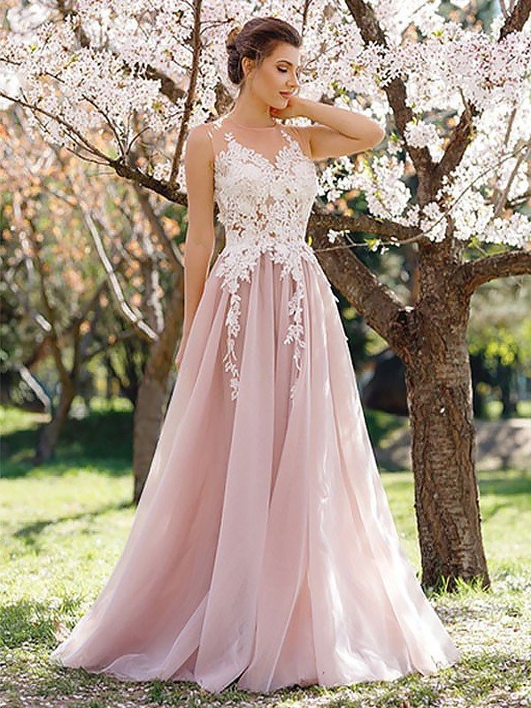 A-Line/Princess Jewel Floor-Length Sleeveless Applique Tulle Dresses