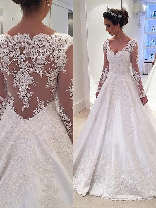 Sleeves Train Long Ball Gown Court Lace V-neck Satin Wedding Dresses