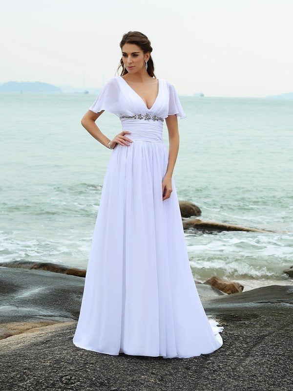 Ruffles Long Short Sleeves A-Line/Princess Chiffon V-neck Beach Wedding Dresses