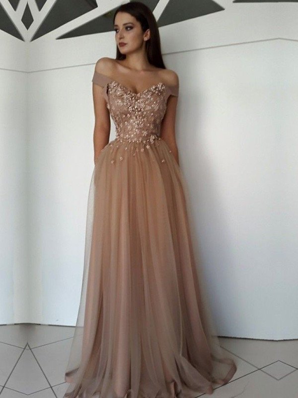 Off-the-Shoulder Sleeveless Floor-Length A-Line/Princess Applique Tulle Dresses