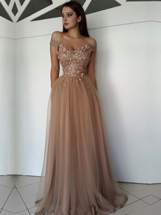 Off-the-Shoulder Sleeveless Floor-Length A-Line/Princess Applique Tulle Dresses