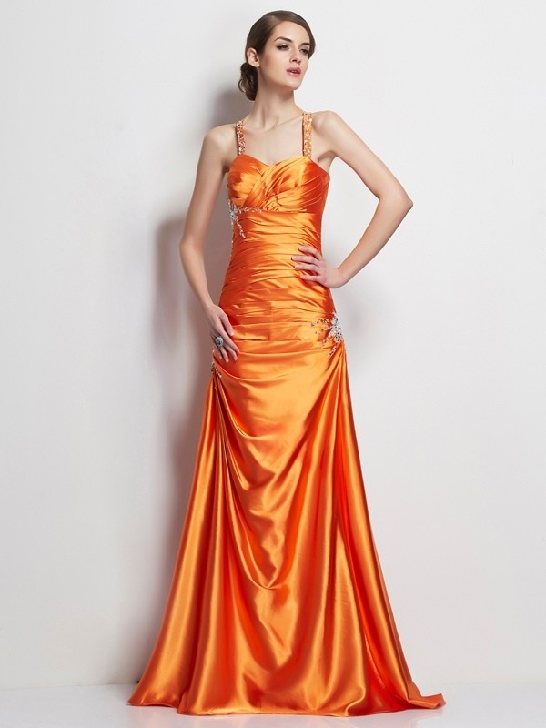 Long Spaghetti Straps A-Line/Princess Sleeveless Elastic Beading Woven Satin Dresses