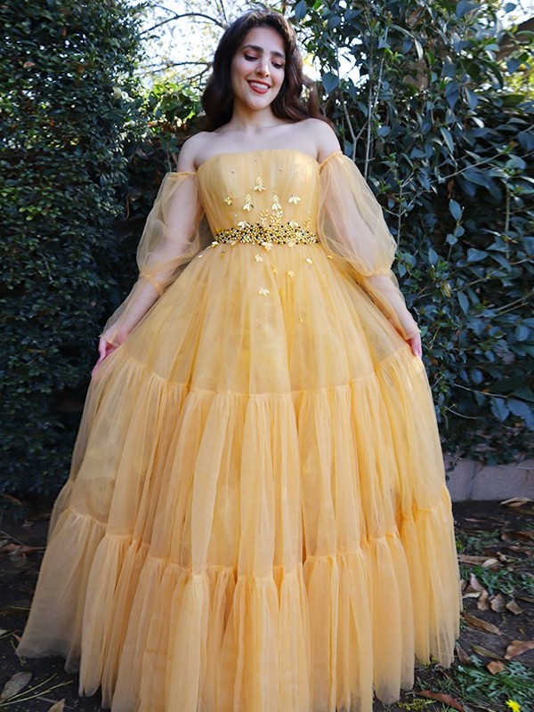 Tulle Off-the-Shoulder Long A-Line/Princess Beading Sleeves Floor-Length Dresses