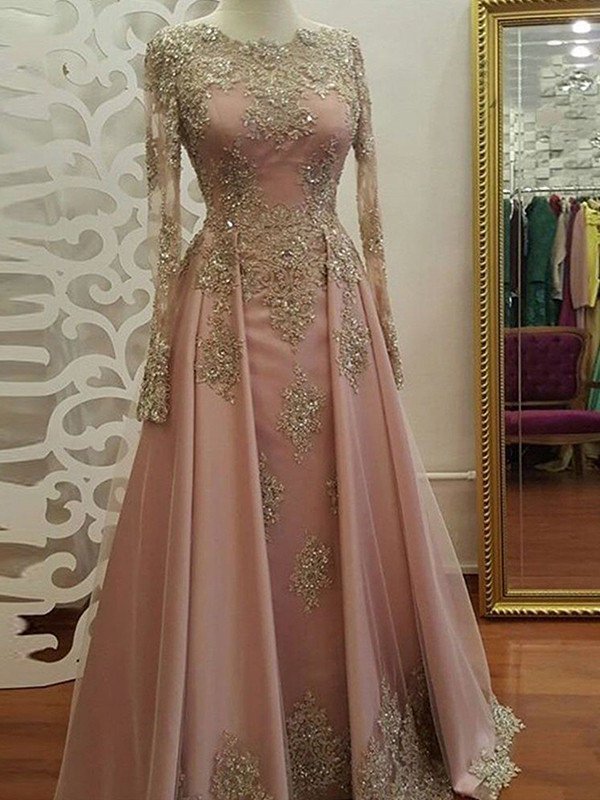 A-Line/Princess Scoop Applique Long Floor-Length Sleeves Tulle Muslim Dresses