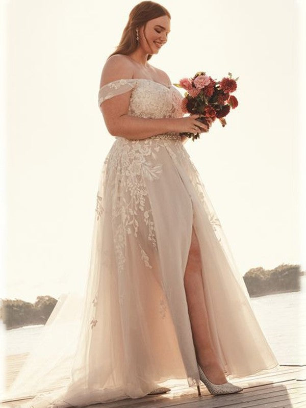 Tulle A-Line/Princess Off-the-Shoulder Sweep/Brush Sleeveless Applique Train Wedding Dresses