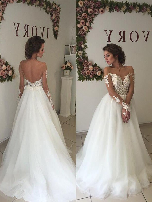 A-Line/Princess Train Long Sweep/Brush Off-the-Shoulder Tulle Sleeves Wedding Dresses