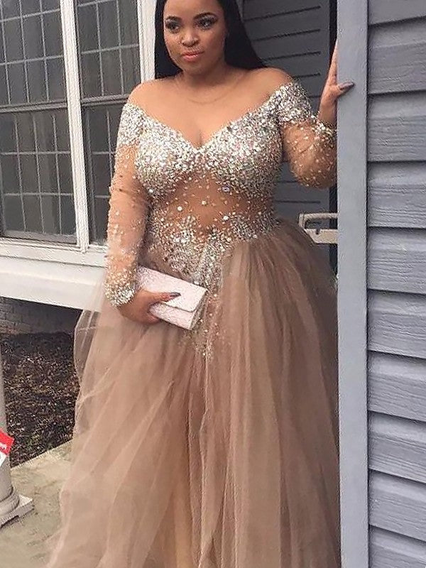 Gown Off-the-Shoulder Ball Sleeves Long Sequin Tulle Floor-Length Dresses