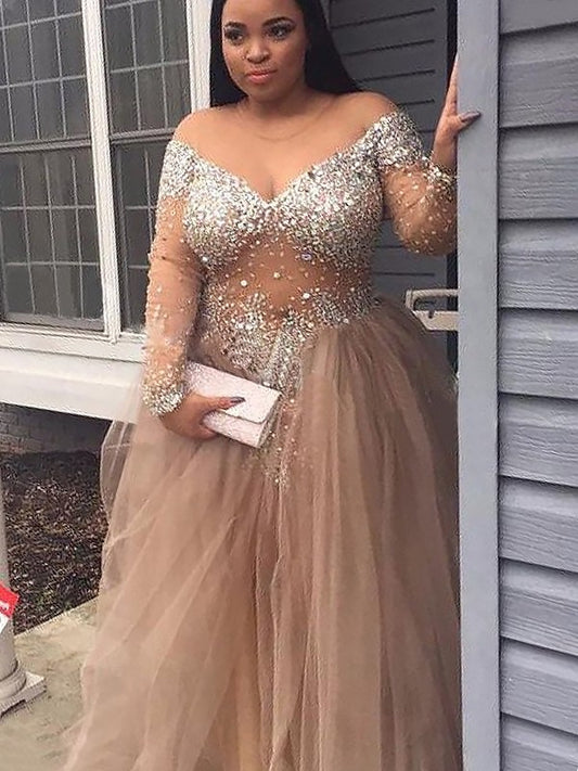Gown Off-the-Shoulder Ball Sleeves Long Sequin Tulle Floor-Length Dresses