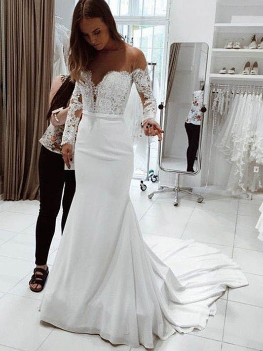 Trumpet/Mermaid Long Court Train Off-the-Shoulder Sleeves Lace Chiffon Wedding Dresses