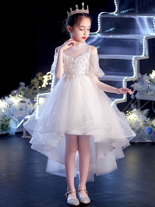 Scoop Short Applique Tulle Sleeves Asymmetrical A-Line/Princess Flower Girl Dresses