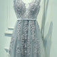 A-Line/Princess Tulle Sleeveless V-neck Applique Floor-Length Dresses