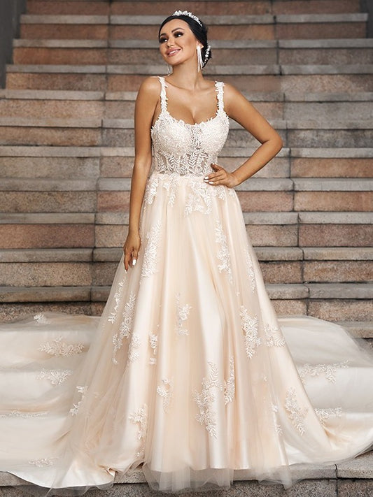 Court Tulle Applique Sleeveless Straps A-Line/Princess Train Wedding Dresses