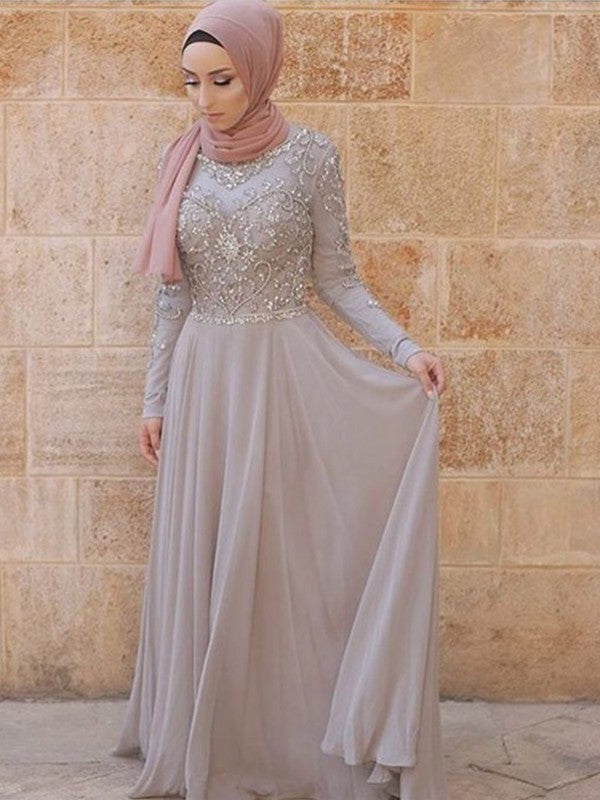 A-Line/Princess Crystal Sweep/Brush Train Long Scoop Sleeves Tulle Muslim Dresses