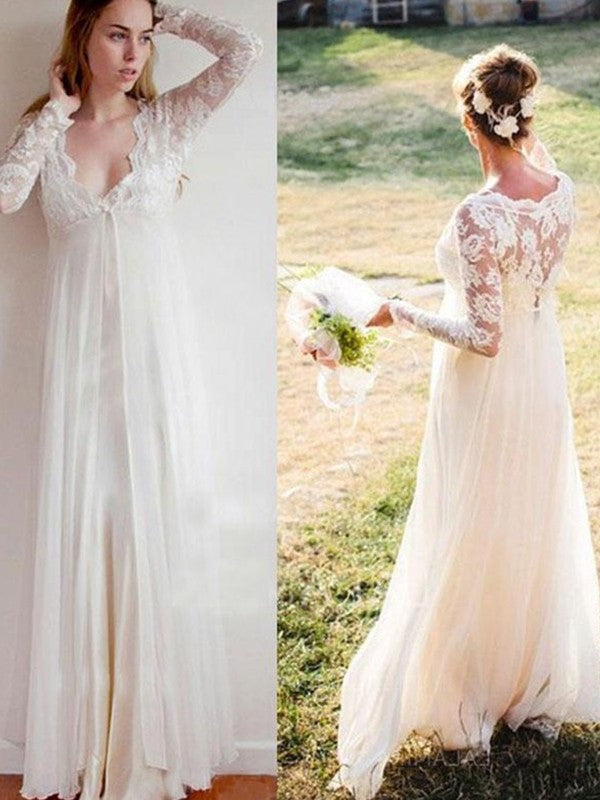 Empire Lace V-neck Sleeves long Floor-Length Chiffon Wedding Dresses