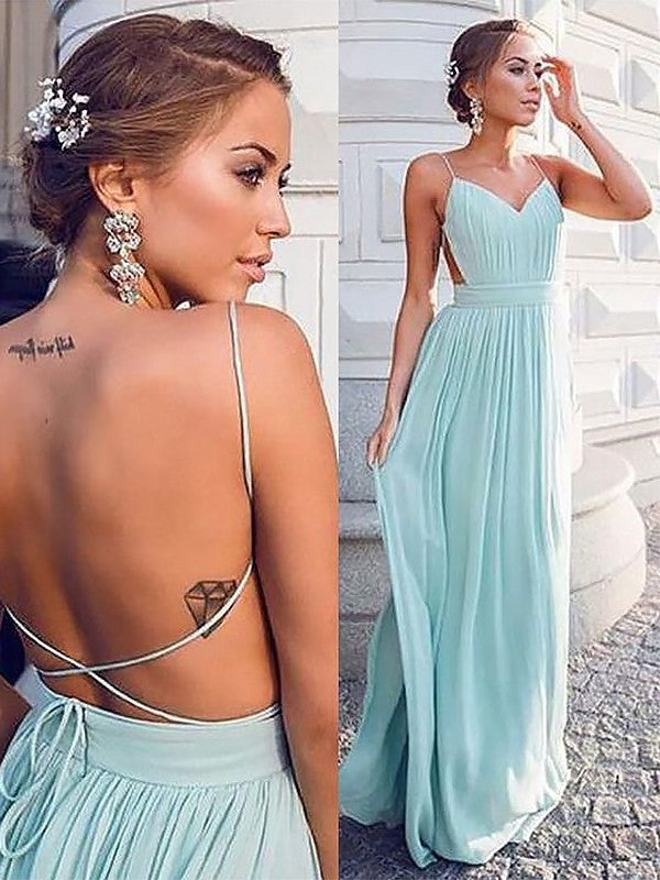 Spaghetti With A-Line Floor-Length Sleeveless Straps Ruched Chiffon Dresses