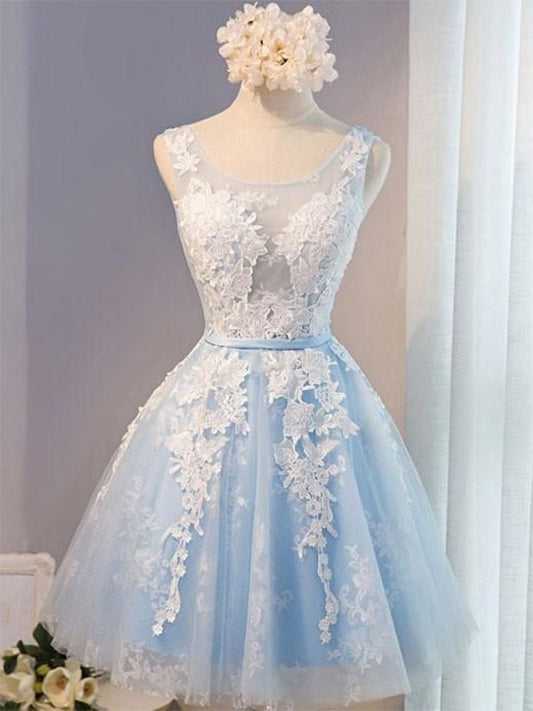 Scoop Tulle Sleeveless Applique A-Line/Princess Short/Mini Homecoming Dresses