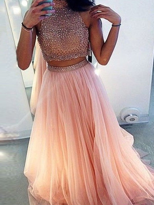 High A-Line/Princess Sweep/Brush Tulle Beading Sleeveless Train Neck Two Piece Dresses