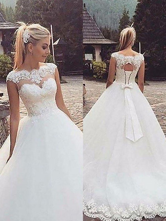 Bateau Ball Lace Sleeveless Tulle Court Gown Train Wedding Dresses