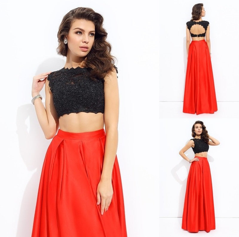 Sleeveless Satin A-line/Princess Long Lace Scoop Two Piece Dresses