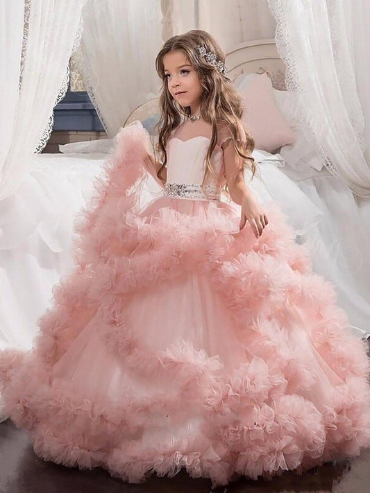Gown Sleeves Jewel Crystal Ball Floor-Length Short Tulle Flower Girl Dresses