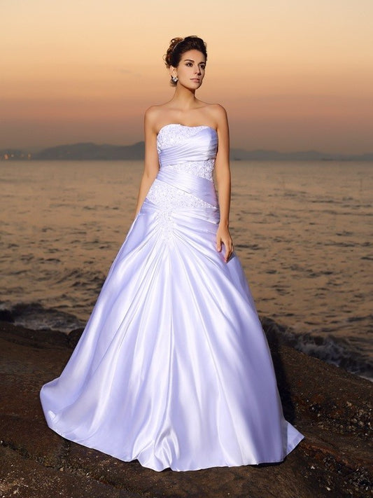 Gown Satin Strapless Sleeveless Beading Ball Long Beach Wedding Dresses