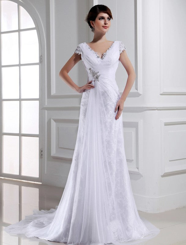 Sleeveless V-neck Long Beading A-Line/Princess Tulle Wedding Dresses