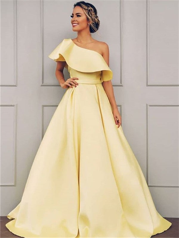 One-Shoulder A-Line/Princess Sleeveless Floor-Length Ruffles Satin Dresses