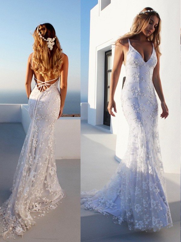 Trumpet/Mermaid Court Sleeveless Spaghetti Straps Lace Train Wedding Dresses