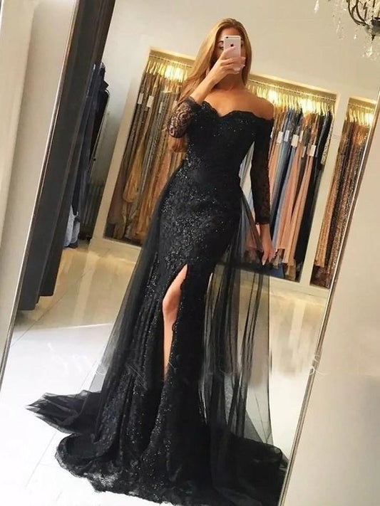 Train Sleeves Long Trumpet/Mermaid Off-the-Shoulder Sweep/Brush Tulle Lace Dresses